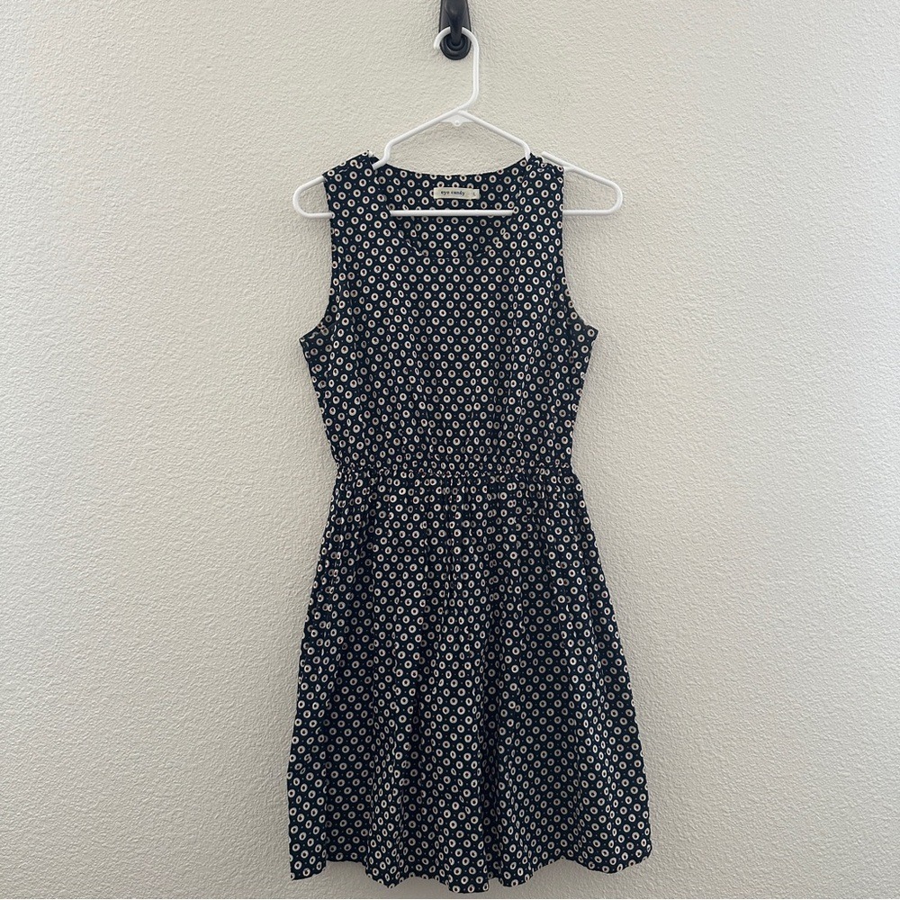 Eye Candy Fit and Flare Dress Womens Large Blue Apple Print Sleeveless Cotton